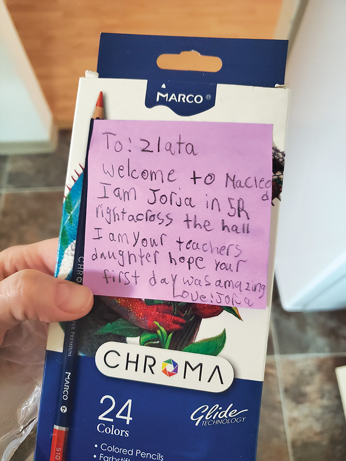 A welcome gift to Zlata from one of the students at MacLeod School in Moosomin.<br />